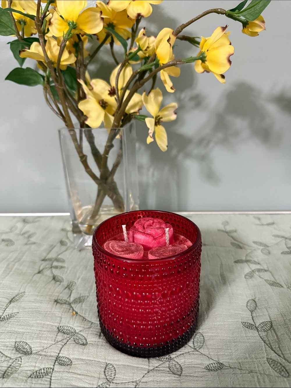 Red Textured Glass Triple-Wick Decorative Candle